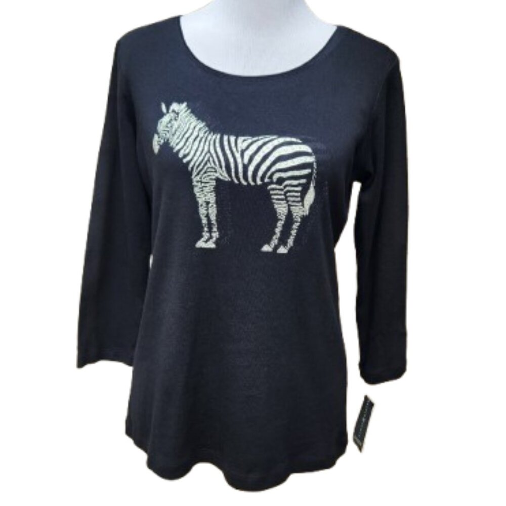 Karen Scott Black Knit Blouse Rhinestone Zebra Print NWT 100% Cotton 3/4 Sleeves
